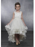 Pearl Neck Ivory Satin Tulle Lace Trim Tiered High Low Flower Girl Dress